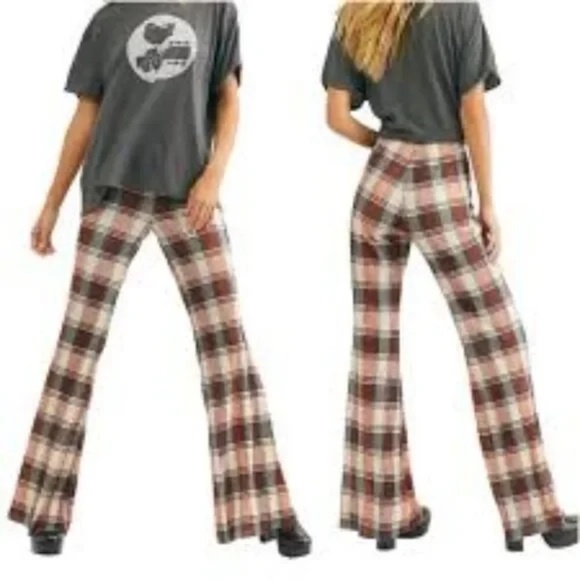 NWT Free People Bethany Pleated Flare High Rise Brown/White Plaid Pants - Picture 1 of 5
